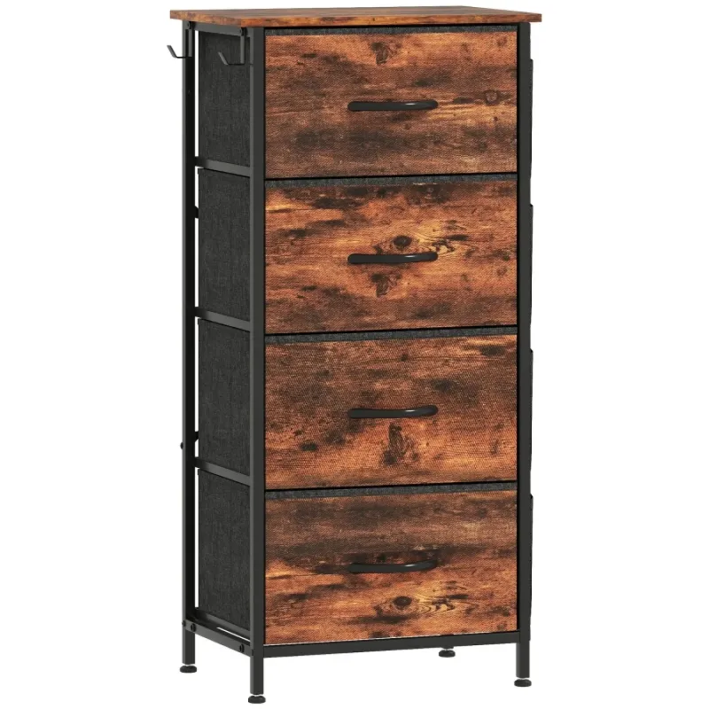 4 Drawer Fabric Chest of Drawers with Side Pockets and Hooks - Rustic Brown