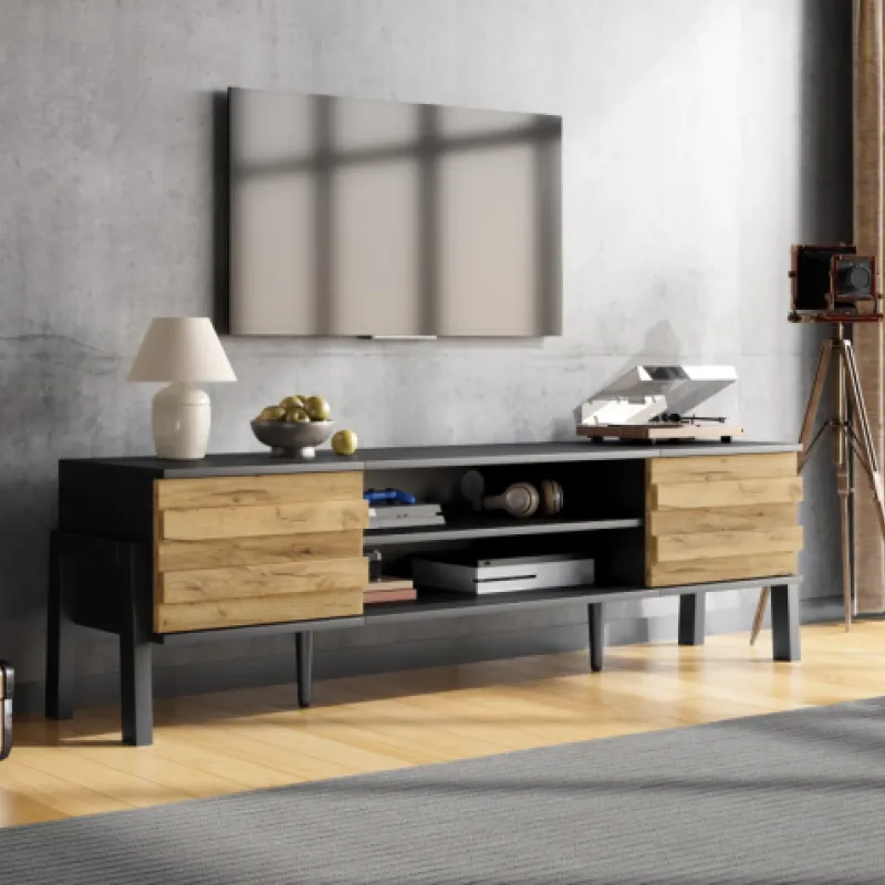 Chipboard TV Unit, 175cm, in Wood and Black, with 2 Cabinets and Open Storage