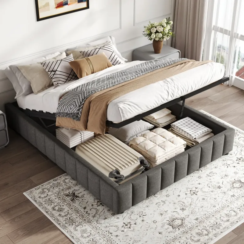 4ft6 Double Upholstered Ottoman Storage Bed Frame in Grey Linen