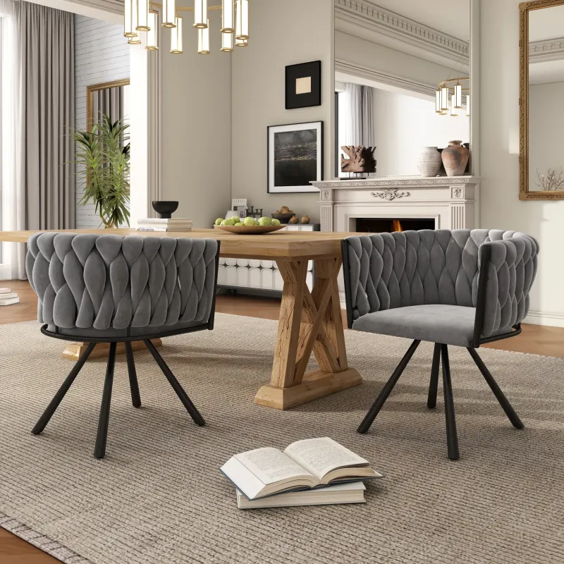 Set of 2 Grey Velvet Swivel Dining Chairs with Metal Legs