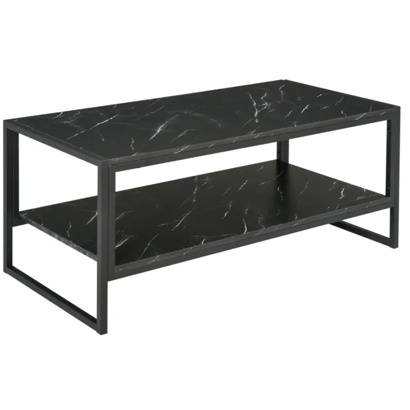 Rectangular Coffee Table, Marble Effect in Black, with Two-Tier Storage