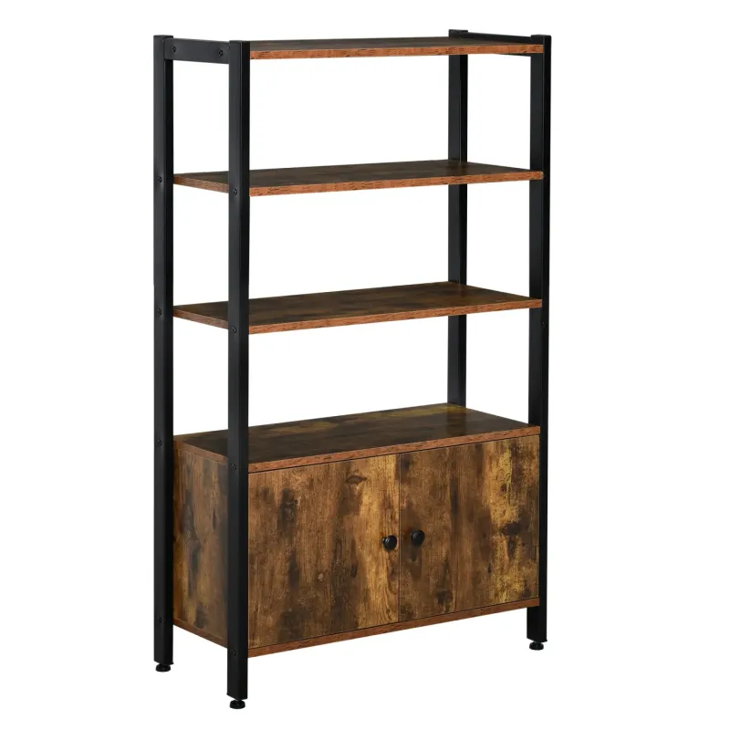 Industrial Bookshelf with 3 Shelves and Storage Cupboard - Rustic Brown