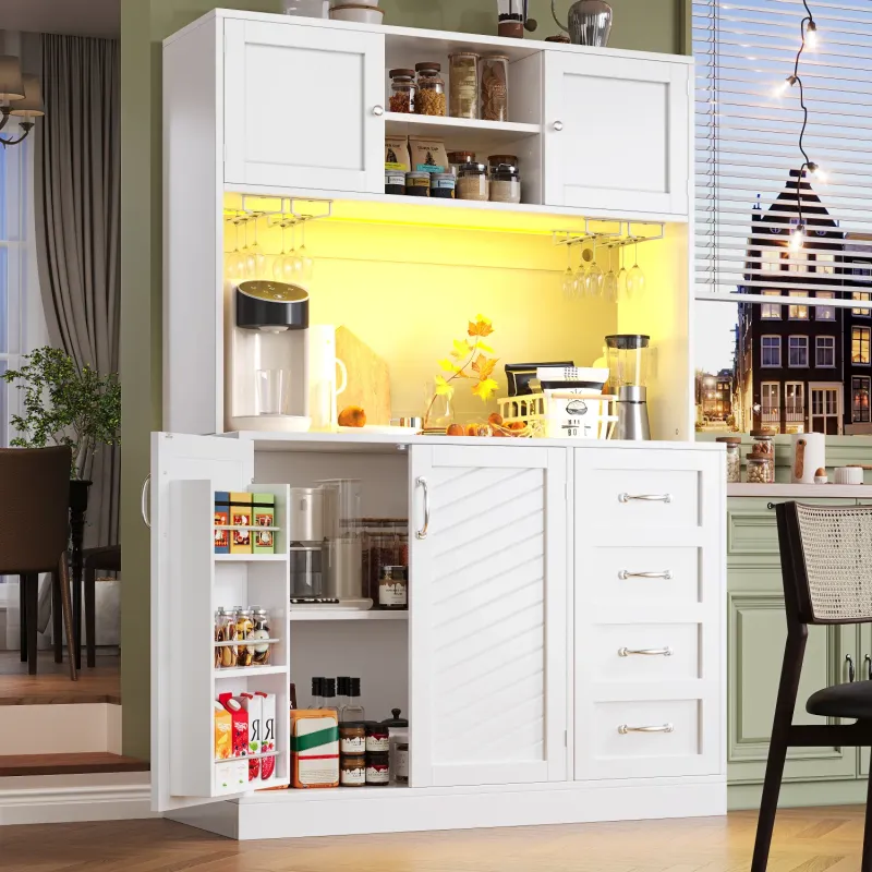 Kitchen Larder Cupboard with LED Lighting and Drink Holders - 120cm - White & Green