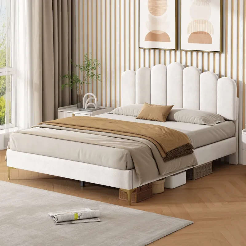 Double Scalloped Velvet Bed Frame with Adjustable Headboard - Beige