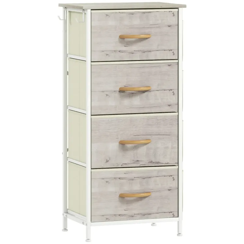 4-Drawer Fabric Chest of Drawers with Side Pockets - Natural Wood Finish