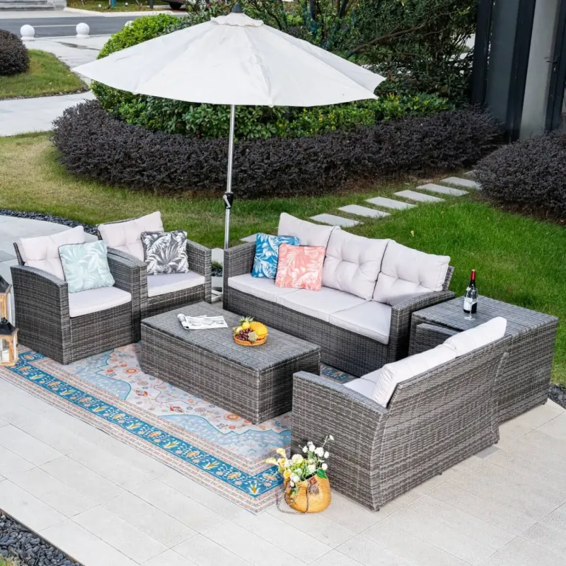 7-Seater Rattan Garden Sofa Set with Storage Box and Coffee Table - Grey