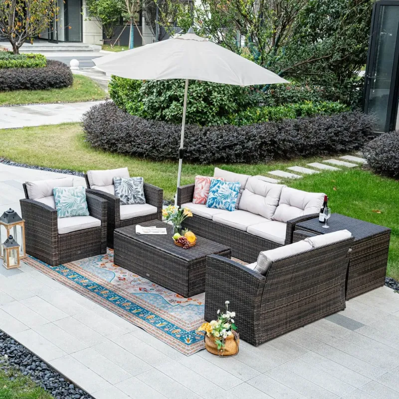7-Seater Rattan Garden Sofa Set with Storage Box and Coffee Table - Grey