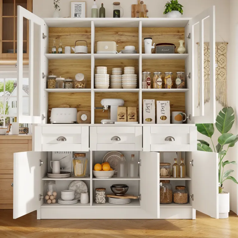 Modern Tall Display Cabinet with Acrylic Sliding Doors and Drawers, White