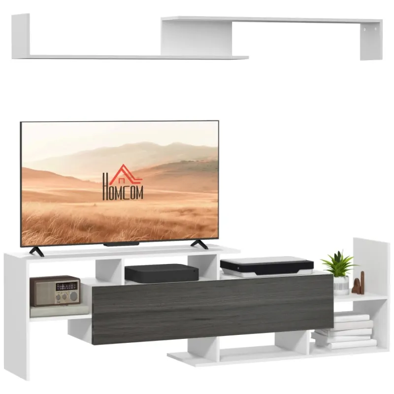 Particle Board TV Unit & Wall Shelf, 154cm, in White and Grey, with Flip-Down Storage