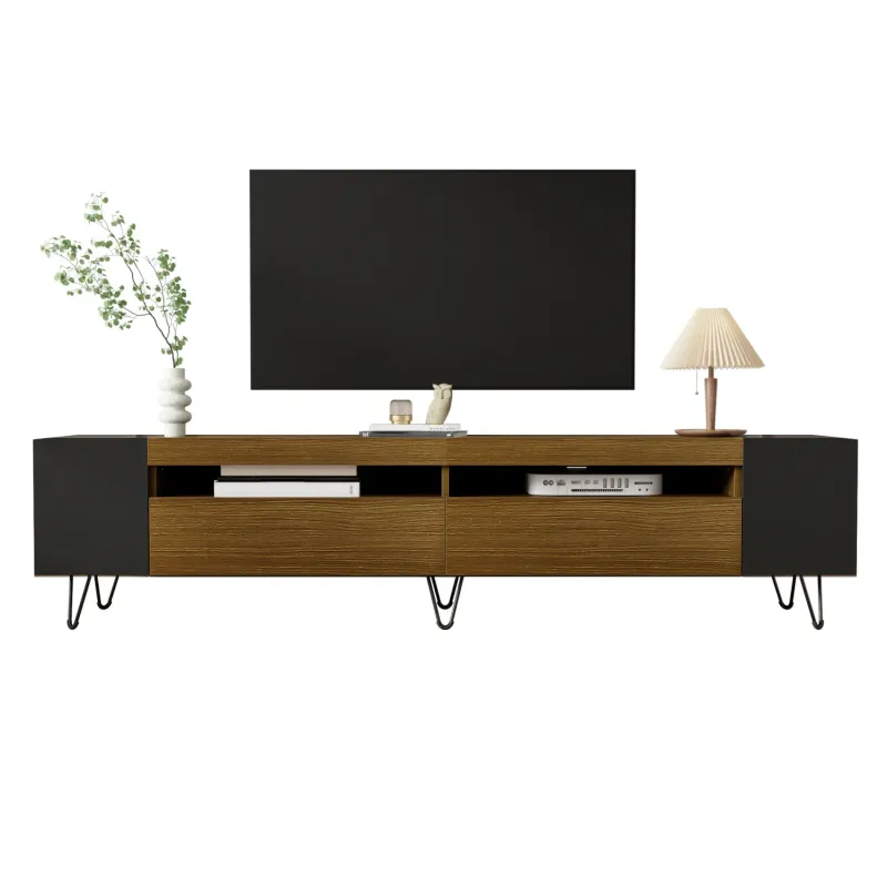 180cm Modern TV Stand - Black & Wood Effect Media Unit with Storage Cupboards