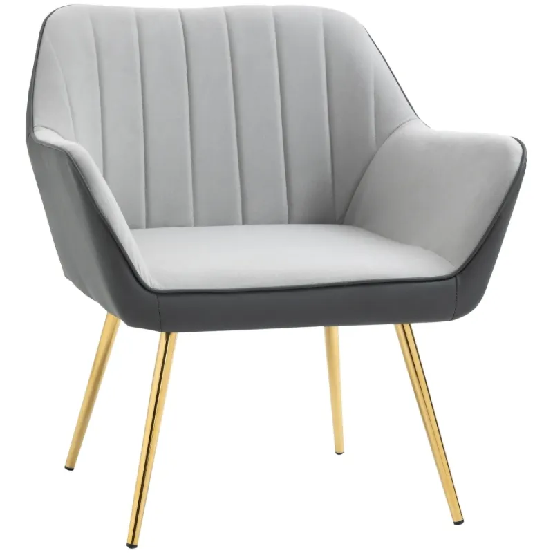 Two-Tone Velvet and Faux Leather Accent Chair with Gold-Tone Steel Legs - Light Grey