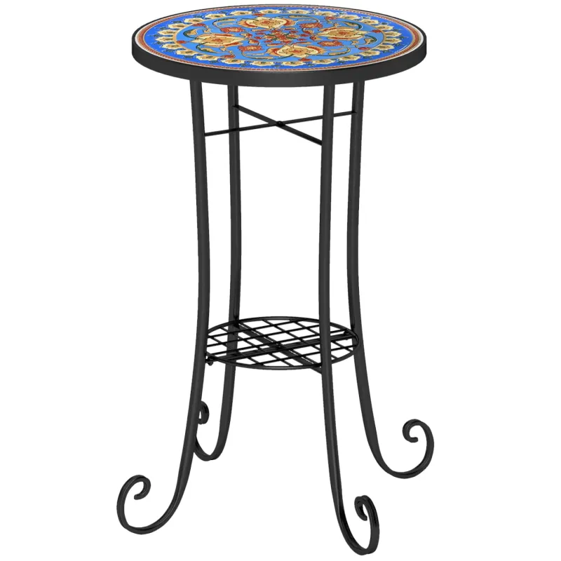 Ceramic Mosaic Side Table, 35.5cm, in Blue, with Lower Shelf