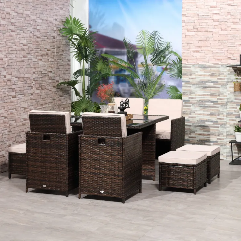  9 Piece Rattan Cube Garden Dining Set - 8 Seater Brown Wicker Furniture with 4 Chairs & 4 Stools