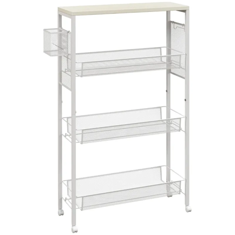  3-Tier Kitchen Storage Trolley with Countertop and 3 Wire Baskets - White