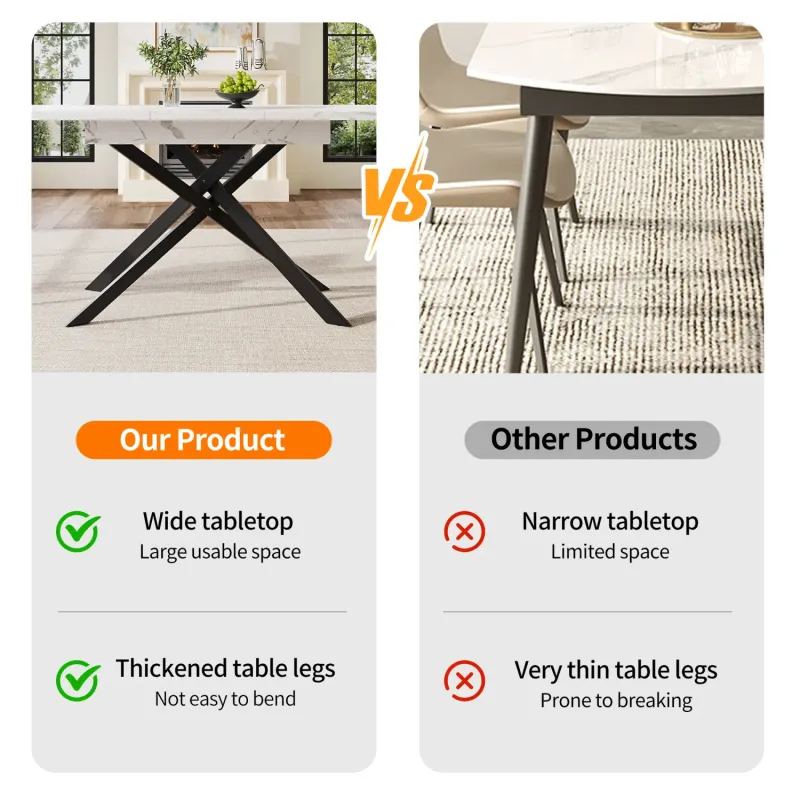 Extendable White Marble Effect Dining Table with Black X-Frame Metal Legs, 120-160cm