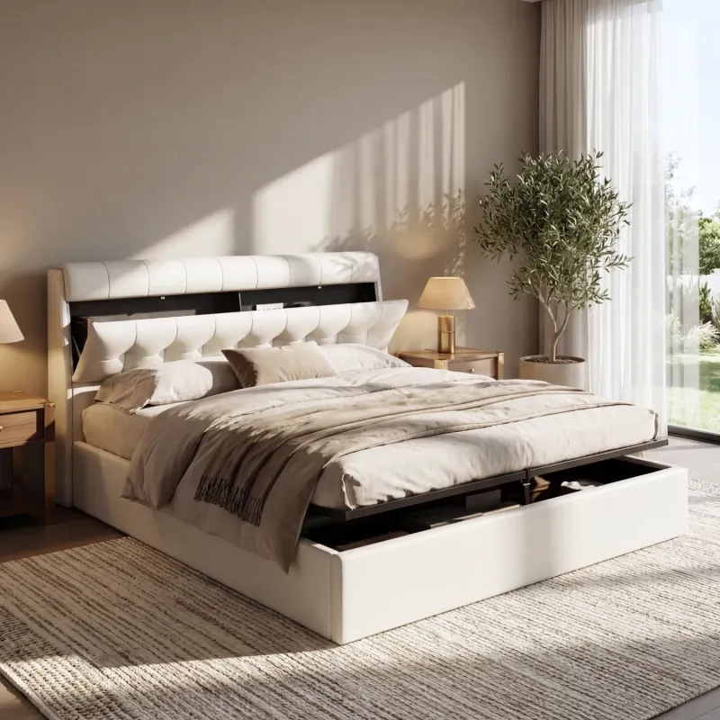 King Size Ottoman Bed with Concealed Headboard Storage - Cream White PU