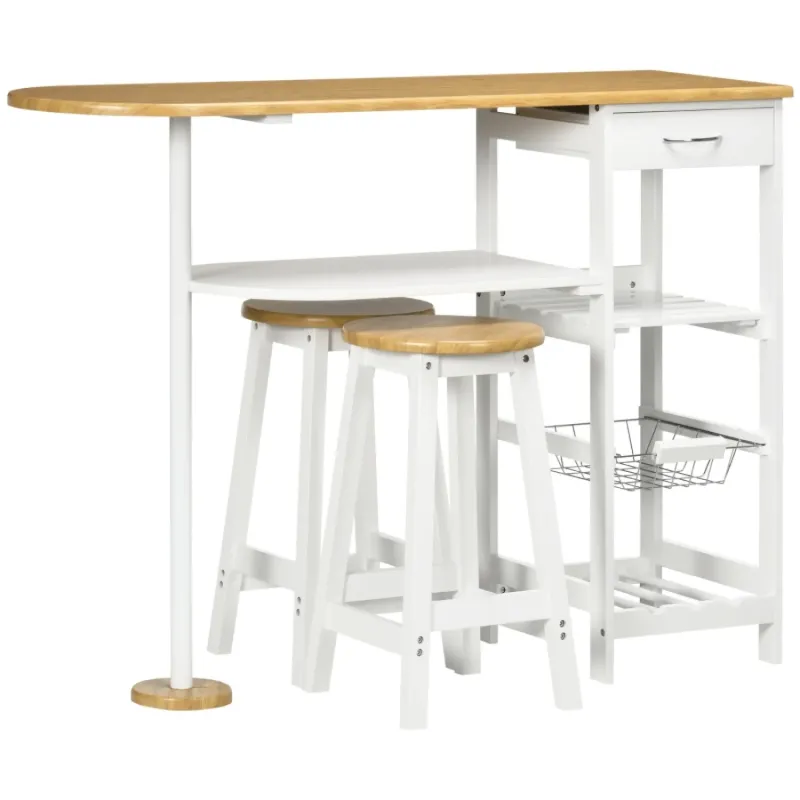 3-Piece Breakfast Bar Table and Stools Set with Integrated Storage and Wine Rack - White & Natural