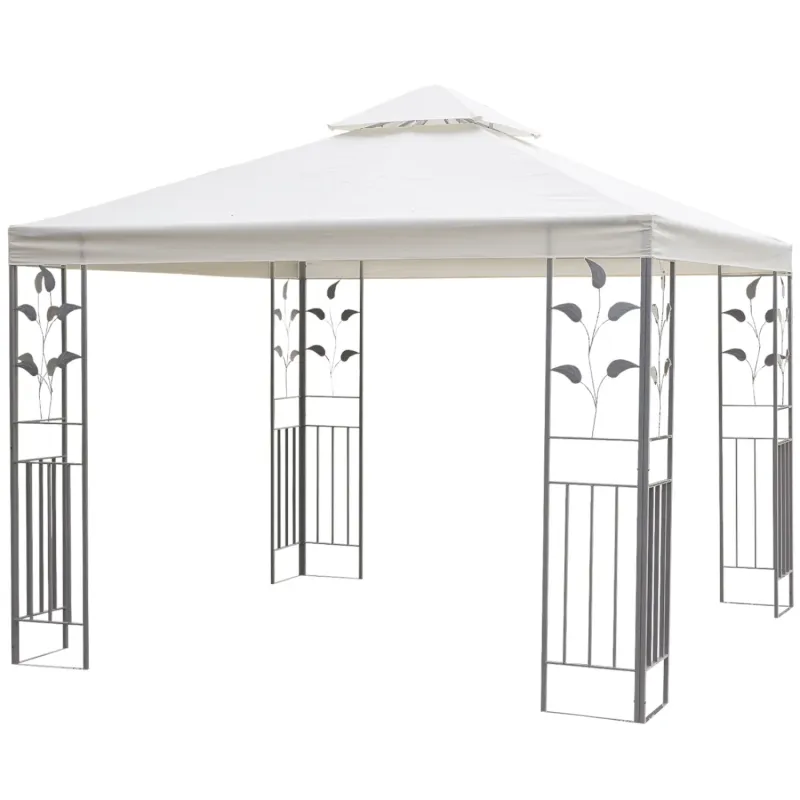  3m x 3m Steel Garden Gazebo with 2-Tier Canopy and Decorative Frame - Cream