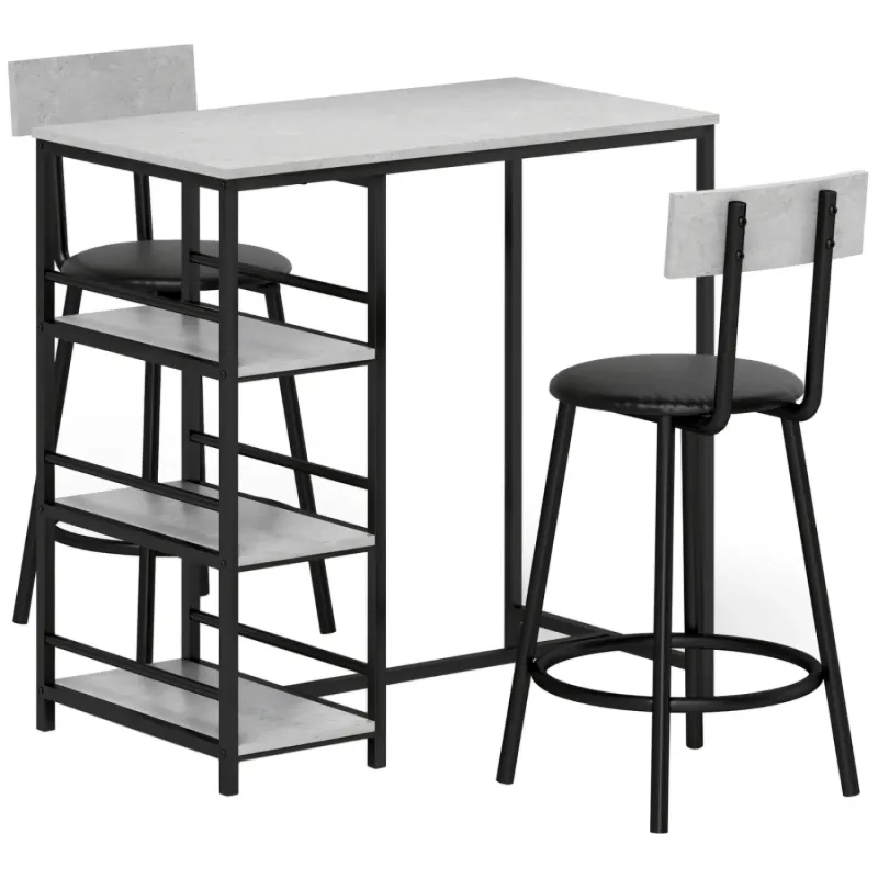 Three-Piece Bar Dining Set with Storage Shelves - Grey/Black