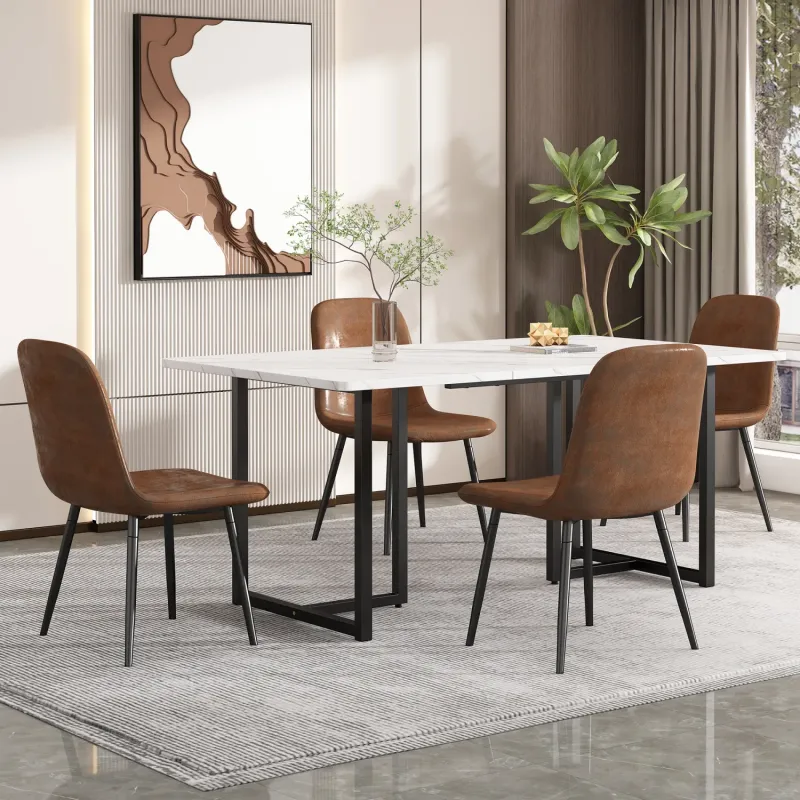 140cm Marble-Effect Dining Table with L-Shaped Metal Legs