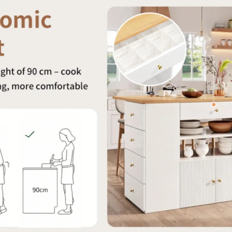 Kitchen Island with 6 Drawers and 2 Storage Stools - White