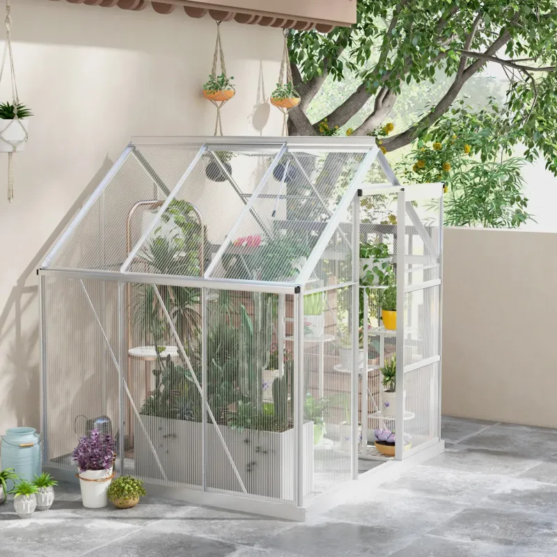  6ft x 6ft Walk-In Aluminium Greenhouse with Polycarbonate Panels and Base - Silver