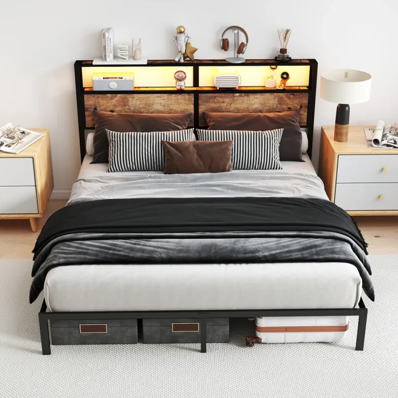 150cm King Metal Bed Frame with Storage Headboard and RGB LED Lights