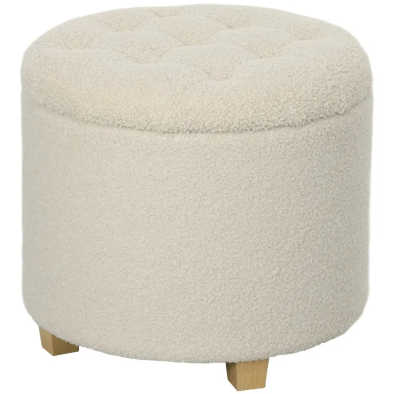 Teddy Fleece Round Storage Ottoman with 31.8L Capacity - Cream White