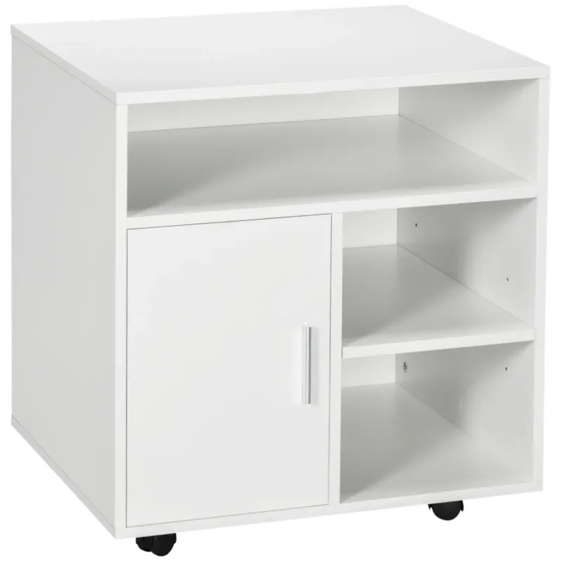 Mobile Printer Stand with Cupboard and Shelves - White