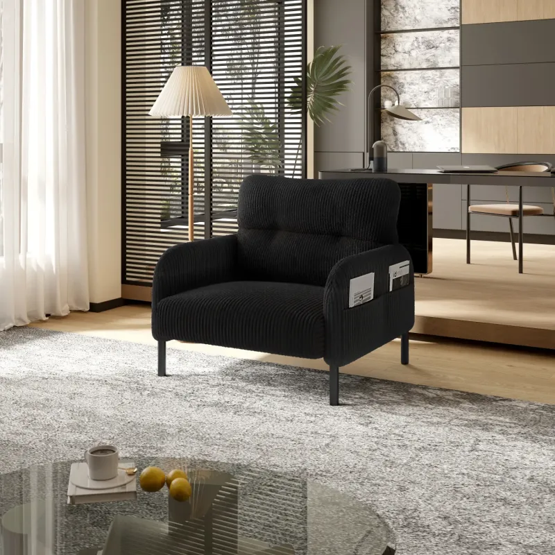 Corduroy Armchair, in Grey, with Side Pockets