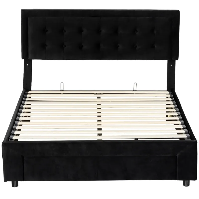  King Size Velvet Ottoman Bed Frame with Front Storage Drawer - Black