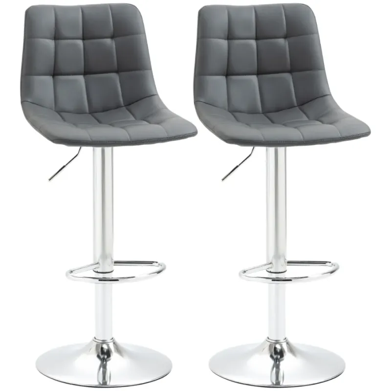 Bar Stool, Set of 2, Faux Leather in Grey with Adjustable Height and Swivel Seat
