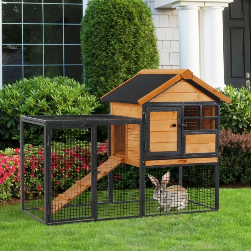 122cm Elevated Outdoor Rabbit Hutch with Integrated Run - Fir Wood and Metal
