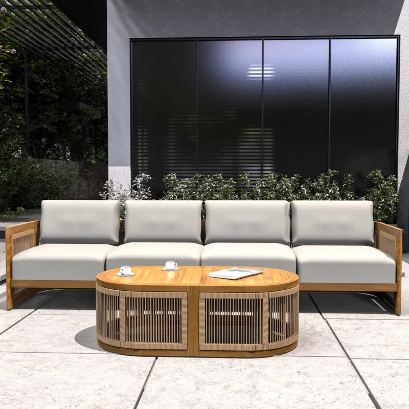 Solid Acacia Wood 4-Seater Garden Lounge Set with Oval Coffee Table