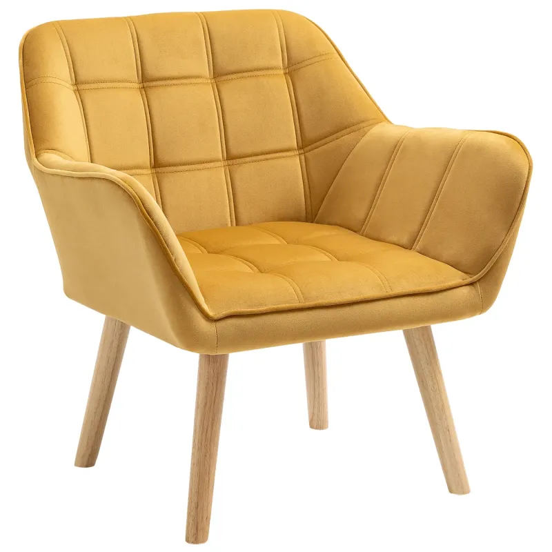 Velvet-Feel Armchair in Yellow with Slanted Back and Wooden Legs