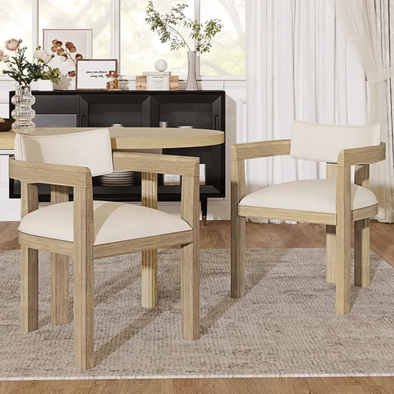 Solid Wood Armchair Dining Chairs with Linen Upholstery - Set of 2 - Natural & Beige