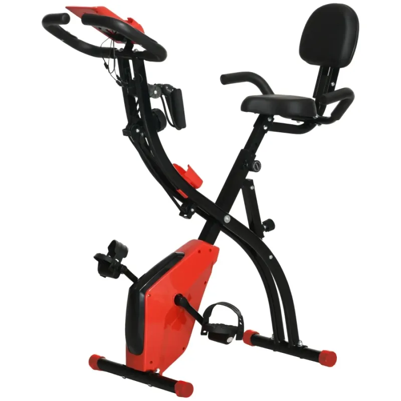 Folding Exercise Bike, 8-Level Magnetic Resistance, with Arm Resistance Bands and Pulse Sensor - Red