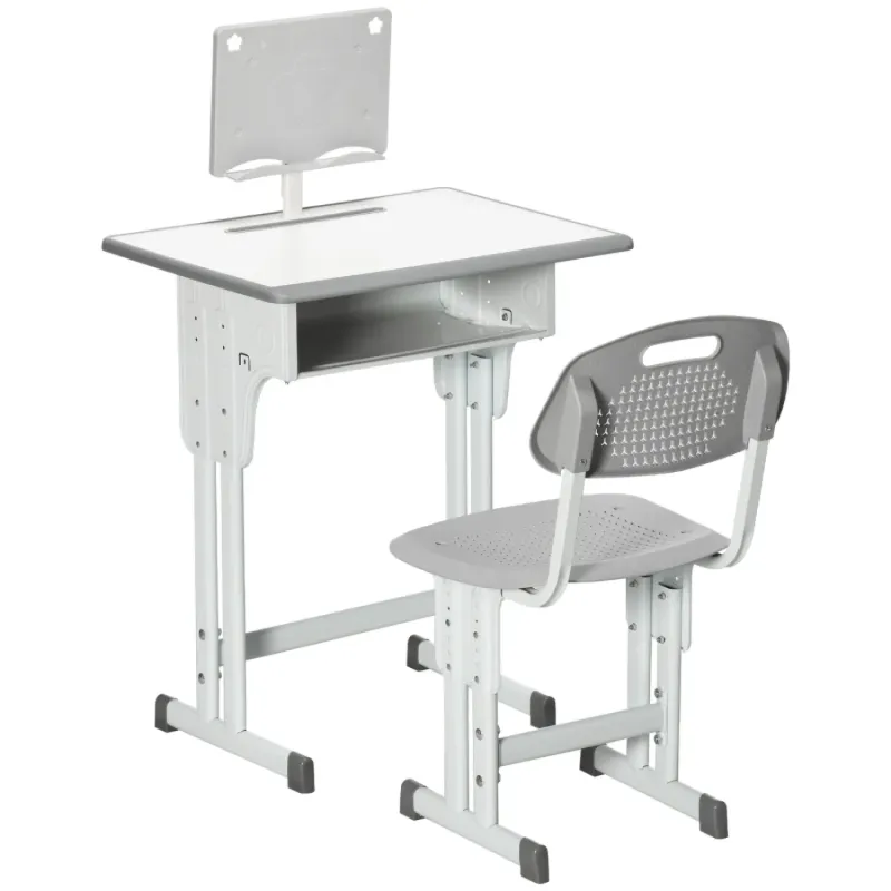 Kids Height-Adjustable Study Desk and Chair Set with Storage and Book Stand - Grey