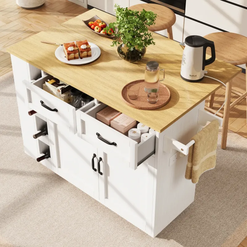Mobile Kitchen Island with Drop-Leaf Breakfast Bar, Integrated Power Sockets and Storage - White