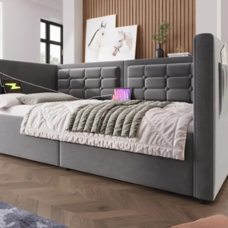 3FT Single Grey Velvet Daybed with Side Hydraulic Storage and USB Charging