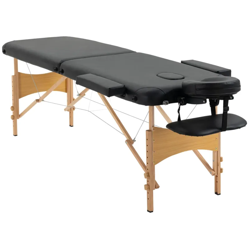2-Section Portable Folding Massage Table with Wooden Frame, Black