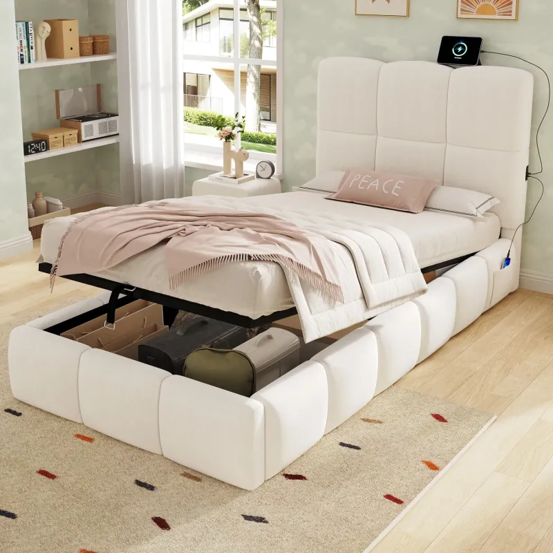 Beige Velvet 3ft Single Ottoman Storage Bed with USB Charging