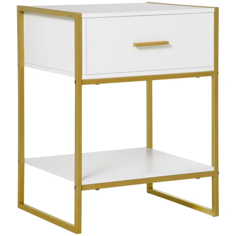 Bedside Table with Drawer and Storage Shelf - White & Gold