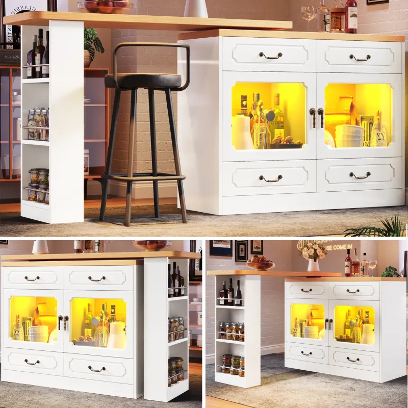 360° Rotating Kitchen Island Bar Table with App-Controlled LED Lights - Wood Effect