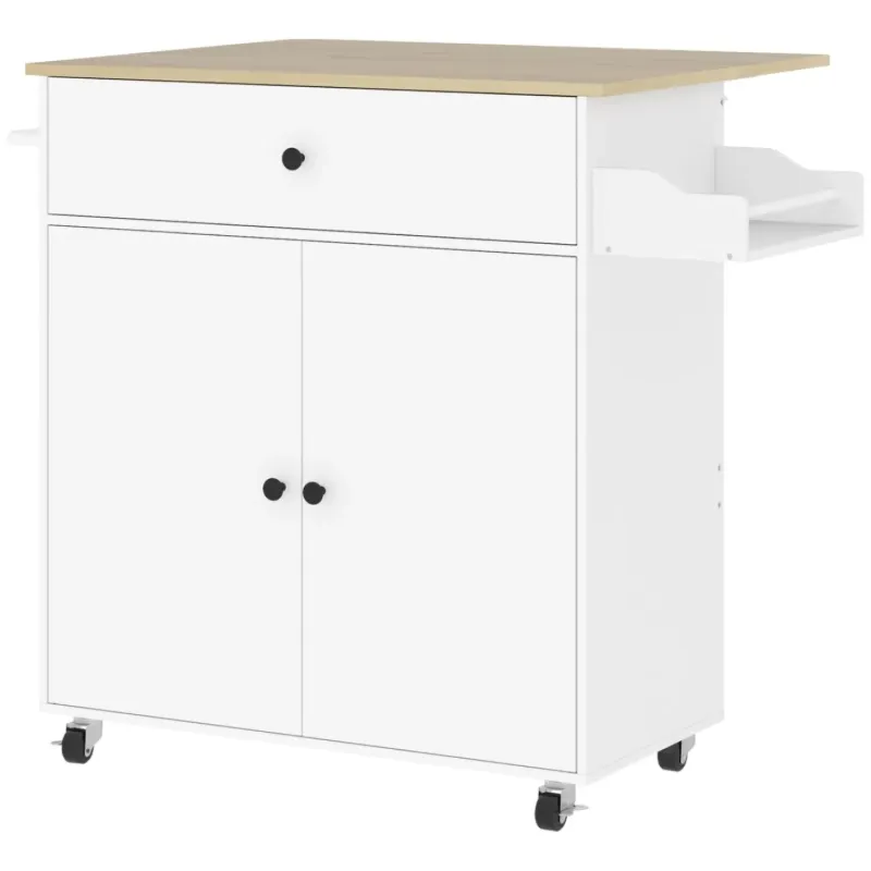 White Rolling Kitchen Island with Drop Leaf, Storage Cabinet and Spice Rack