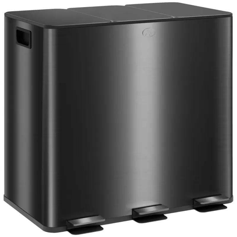 45L Triple Compartment Pedal Recycling Bin - Black Steel