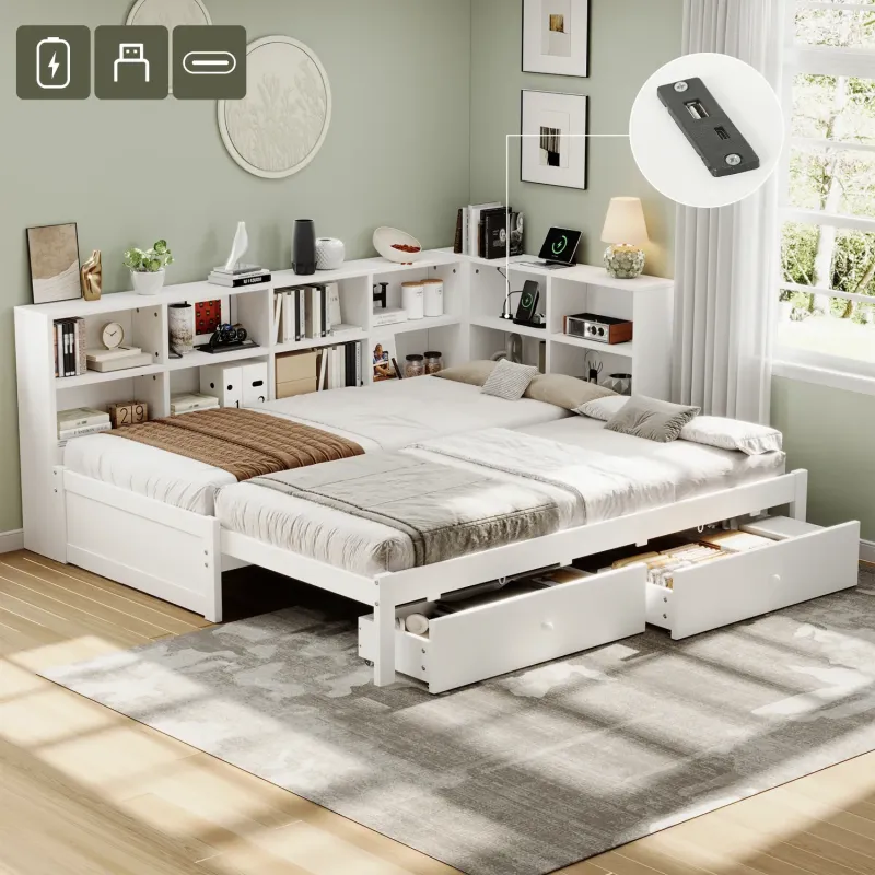 Wooden Daybed, Single, in White, with Trundle, Storage and Charging Station
