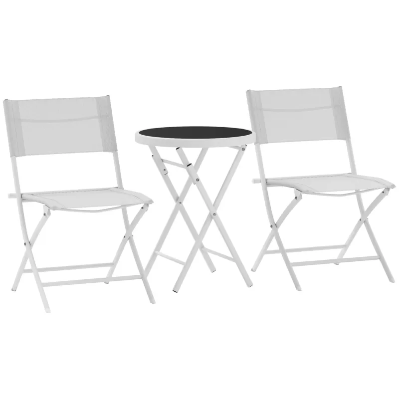 3 Piece Folding Garden Bistro Set with Glass Top Table, White