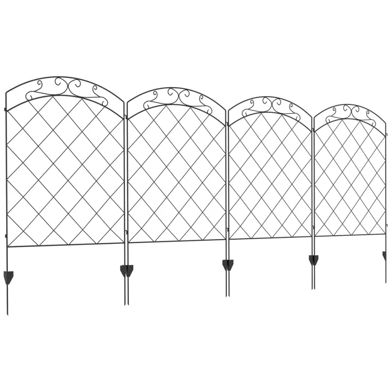 Set of 4 Steel Decorative Garden Fence Panels - Black, 110 x 348cm