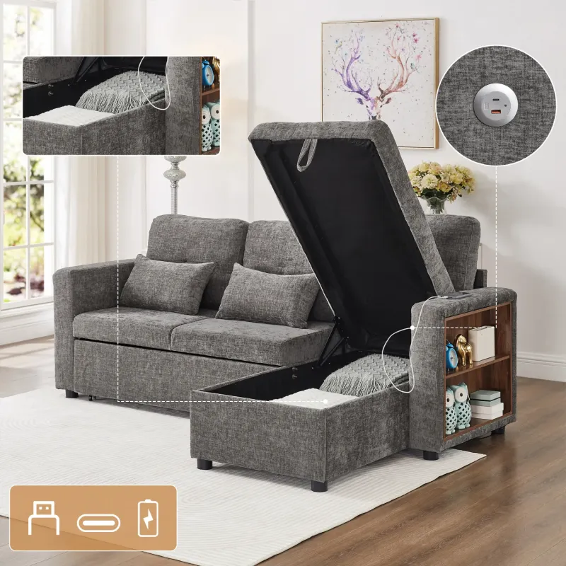 Chenille Sofa Bed, 3-Seater L-Shaped, in Grey, with Reversible Storage Chaise and Charging Station